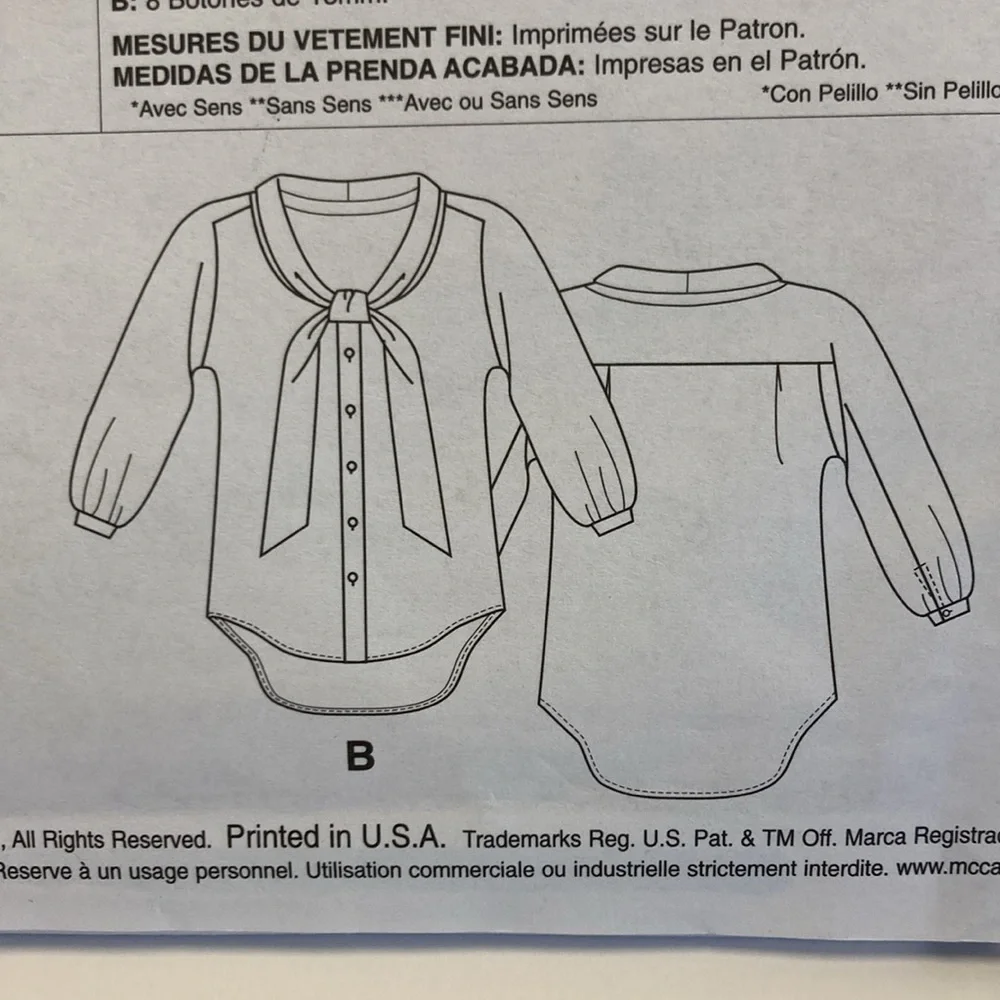 McCall’s 6512 sewing pattern blouse, no shoulder seams, bust 34”-40”